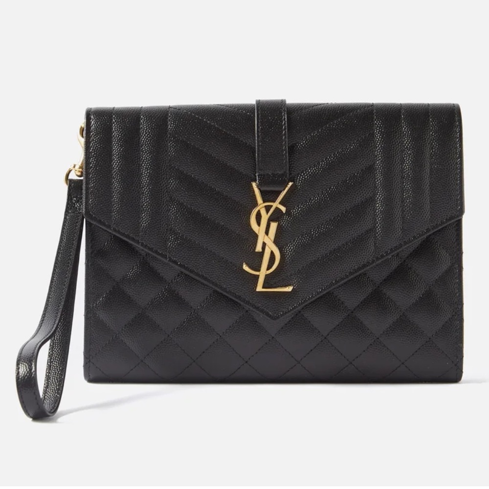 Saint Laurent Monogram YSL-Plaque Quilted Leather Envelope Leather Clutch Pouch